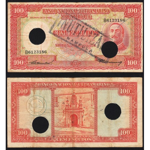 Nota Cem Escudos 1958 Aires de Ornelas c/ Furação e Carimbo de Inutilização, 24/07/1958 - Moçambique Pick 107