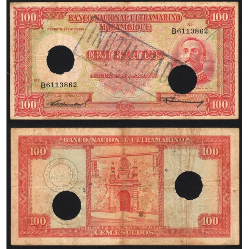 Nota Cem Escudos 1958 Aires de Ornelas c/ Furação e Carimbo de Inutilização, 24/07/1958 - Moçambique Pick 107