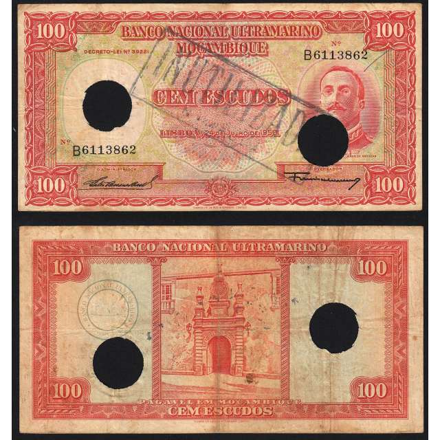 Nota Cem Escudos 1958 Aires de Ornelas c/ Furação e Carimbo de Inutilização, 24/07/1958 - Moçambique Pick 107