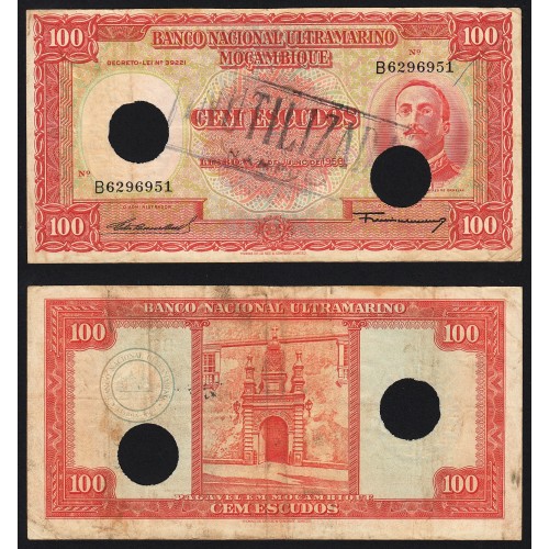 Nota Cem Escudos 1958 Aires de Ornelas c/ Furação e Carimbo de Inutilização, 24/07/1958 - Moçambique Pick 107