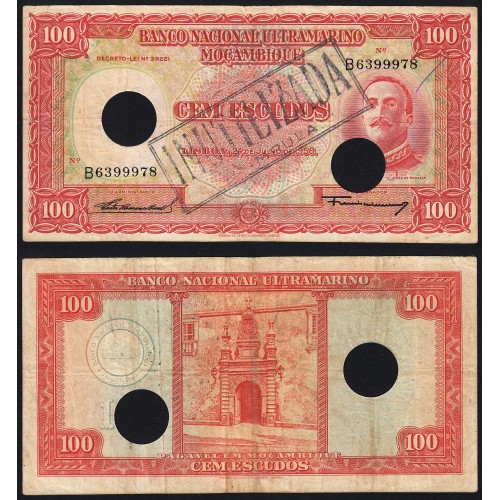 Nota Cem Escudos 1958 Aires de Ornelas c/ Furação e Carimbo de Inutilização, 24/07/1958 - Moçambique Pick 107