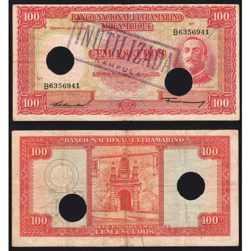Nota Cem Escudos 1958 Aires de Ornelas c/ Furação e Carimbo de Inutilização, 24/07/1958 - Moçambique Pick 107