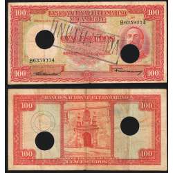 Nota Cem Escudos 1958 Aires de Ornelas c/ Furação e Carimbo de Inutilização, 24/07/1958 - Moçambique Pick 107