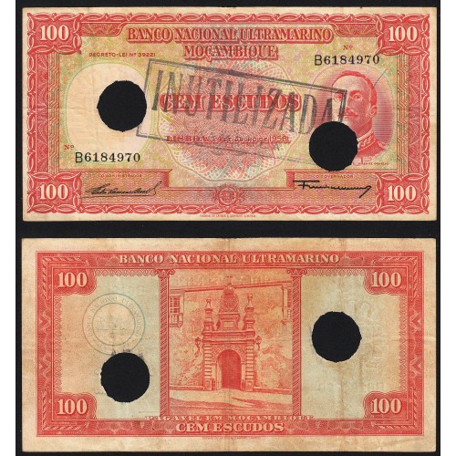 Nota Cem Escudos 1958 Aires de Ornelas c/ Furação e Carimbo de Inutilização, 24/07/1958 - Moçambique Pick 107