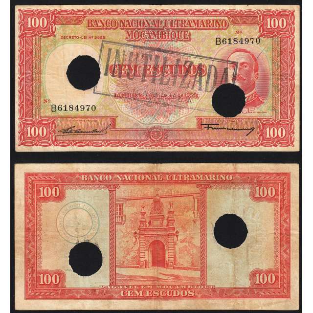 Nota Cem Escudos 1958 Aires de Ornelas c/ Furação e Carimbo de Inutilização, 24/07/1958 - Moçambique Pick 107