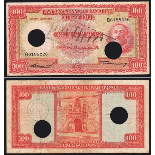 Nota Cem Escudos 1958 Aires de Ornelas c/ Furação e Carimbo de Inutilização, 24/07/1958 - Moçambique Pick 107