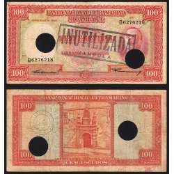 Nota Cem Escudos 1958 Aires de Ornelas c/ Furação e Carimbo de Inutilização, 24/07/1958 - Moçambique Pick 107