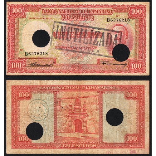 Nota Cem Escudos 1958 Aires de Ornelas c/ Furação e Carimbo de Inutilização, 24/07/1958 - Moçambique Pick 107