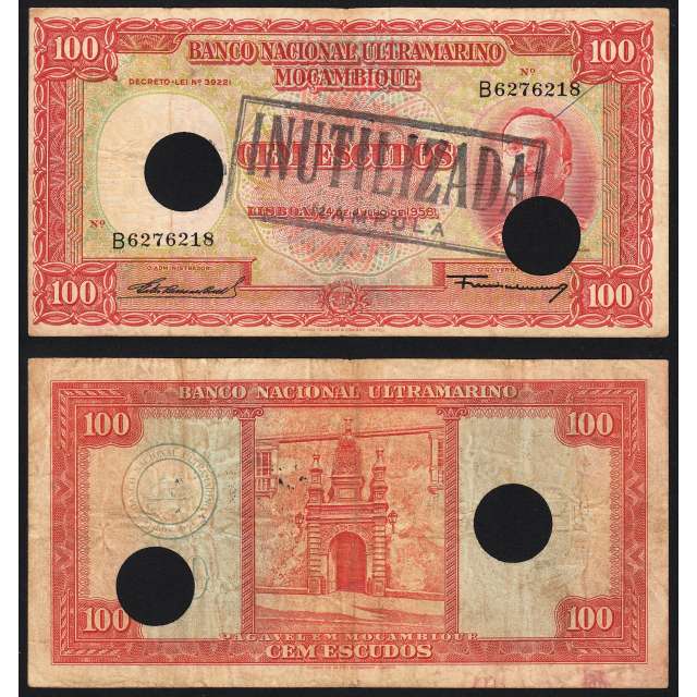 Nota Cem Escudos 1958 Aires de Ornelas c/ Furação e Carimbo de Inutilização, 24/07/1958 - Moçambique Pick 107