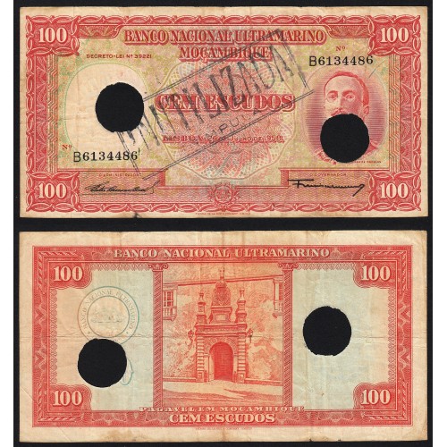 Nota Cem Escudos 1958 Aires de Ornelas c/ Furação e Carimbo de Inutilização, 24/07/1958 - Moçambique Pick 107