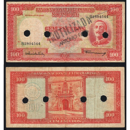 Nota Cem Escudos 1958 Aires de Ornelas c/ Furação e Carimbo de Inutilização, 24/07/1958 - Moçambique Pick 107