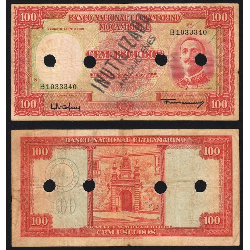 Nota Cem Escudos 1958 Aires de Ornelas c/ Furação e Carimbo de Inutilização, 24/07/1958 - Moçambique Pick 107