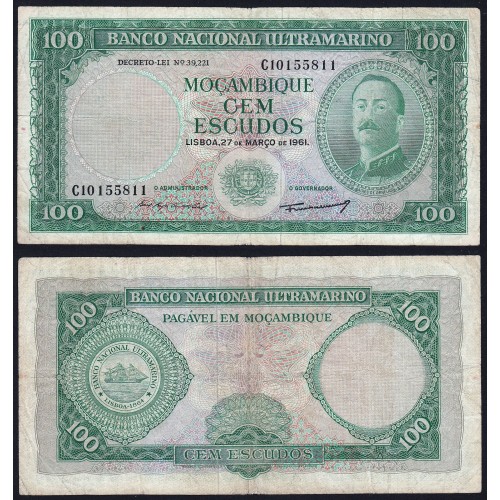 Nota Cem Escudos 1961 Aires de Ornelas, 100 Escudos 27/03/1961 - Moçambique Pick 109 (Circulada)