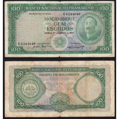 Nota Cem Escudos 1961 Aires de Ornelas, 100 Escudos 27/03/1961 - Moçambique Pick 109 (Circulada)