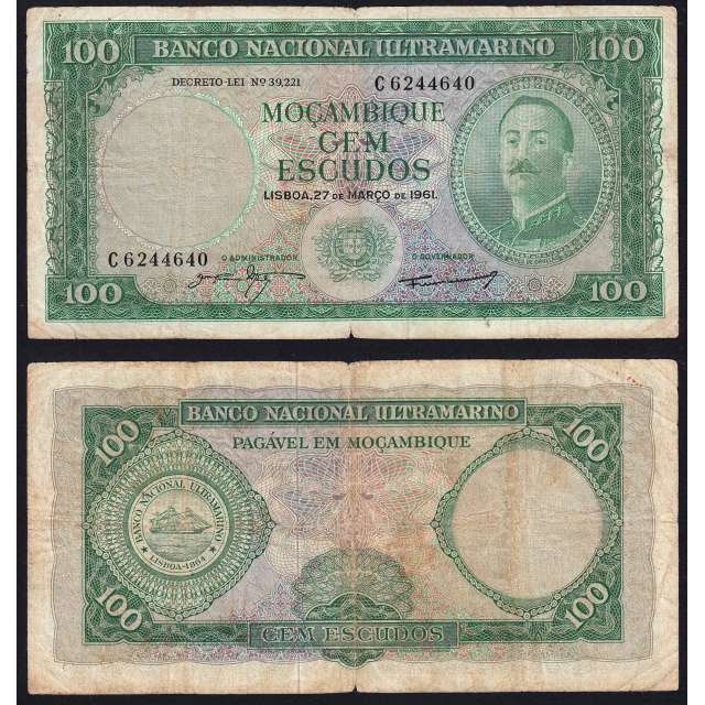 Nota Cem Escudos 1961 Aires de Ornelas, 100 Escudos 27/03/1961 - Moçambique Pick 109 (Circulada)