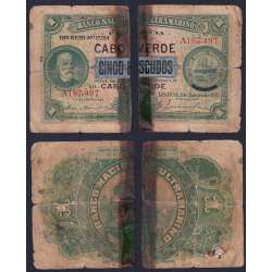 Nota 5 Escudos 1921 Chamiço sobre 1 Escudo, 5 Escudos 01/01/1921 - Cabo Verde Pick 33 (Muito Circulada)