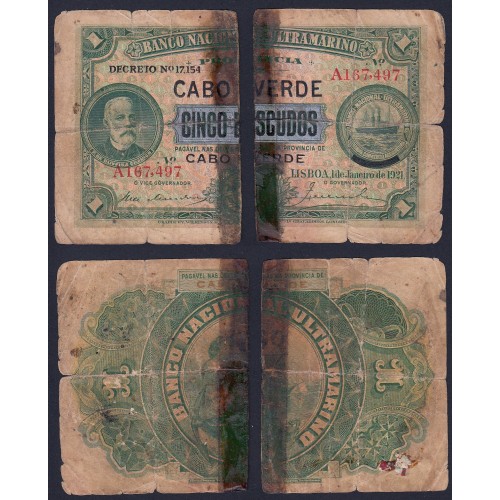 Nota 5 Escudos 1921 Chamiço sobre 1 Escudo, 5 Escudos 01/01/1921 - Cabo Verde Pick 33 (Muito Circulada)