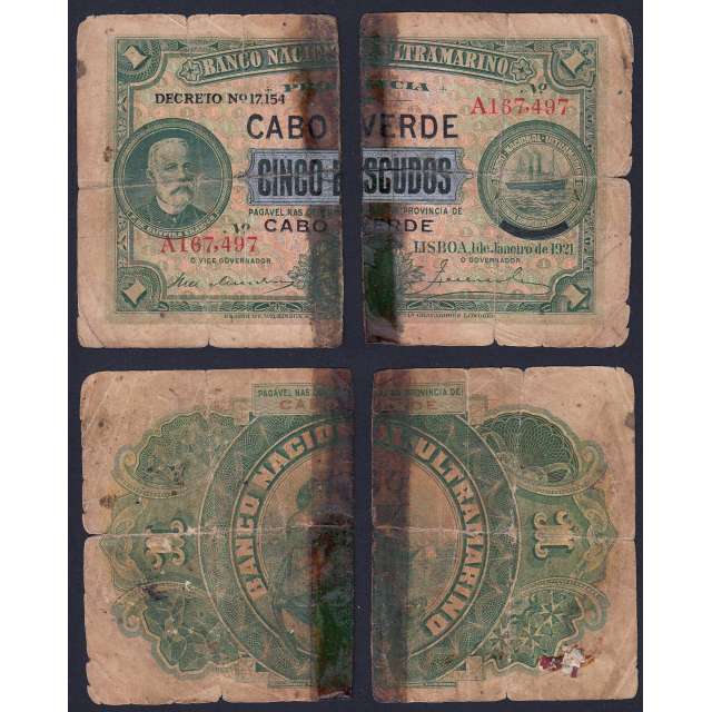 Nota 5 Escudos 1921 Chamiço sobre 1 Escudo, 5 Escudos 01/01/1921 - Cabo Verde Pick 33 (Muito Circulada)