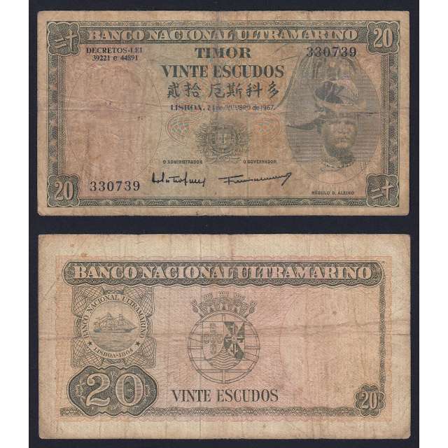 Timor, banknote of 20 Escudos 1967 Régulo D. Aleixo, 20 Escudos 24/10/1967, (F), World Paper Money Timor Pick 26