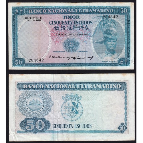 Timor, banknote of 50 Escudos 1967 Régulo D. Aleixo, 50 Escudos 24/10/1967, (VF), World Paper Money Timor Pick 27
