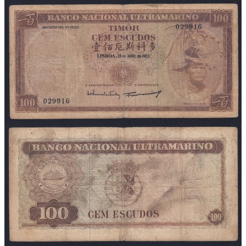 Nota Cem Escudos 1963 Régulo D.Aleixo, 100 Escudos 25/04/1963 - Timor Pick 28 (Muito Circulada)