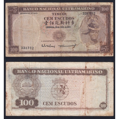 Nota Cem Escudos 1963 Régulo D.Aleixo, 100 Escudos 25/04/1963 - Timor Pick 28 (Circulada +)