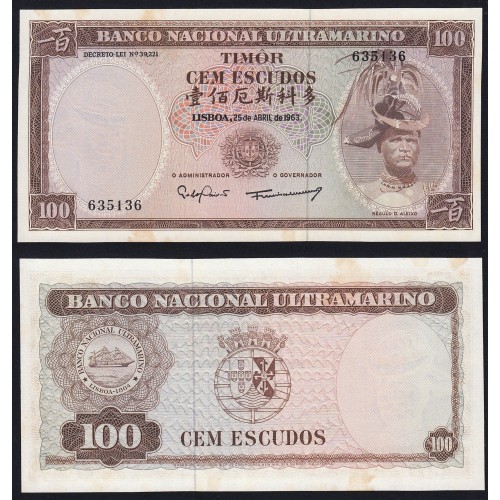 Nota Cem Escudos 1963 Régulo D.Aleixo, 100 Escudos 25/04/1963 - Timor Pick 28 (Não Circulada)