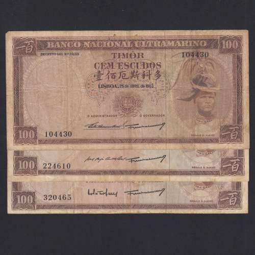 Lote de 3 Notas Cem Escudos 1963 Régulo D.Aleixo, 100 Escudos 25/04/1963 - Timor Pick 28 (Circuladas) - Assinaturas diferentes