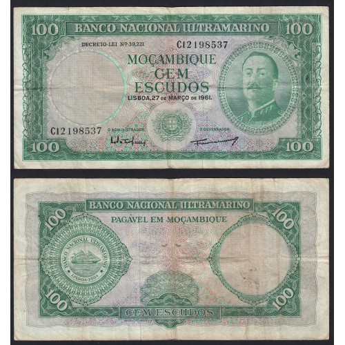 Nota Cem Escudos 1961 Aires de Ornelas, 100 Escudos 27/03/1961 - Moçambique Pick 109 (Circulada)