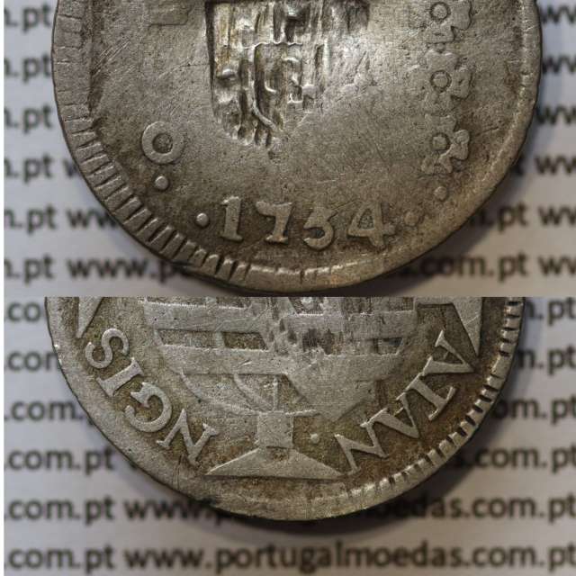 Brasil, Silver coin of 150 Réis 1754 of D. José I (Portugal), Shield countermark of 1809, legend error, "ATAN NGIS"