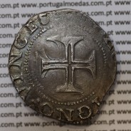 Tostão Prata de D. Filipe I 1580-1598, 15º Grupo, no anverso Variante de Coroa e arco de circulo liso de guia da legenda.