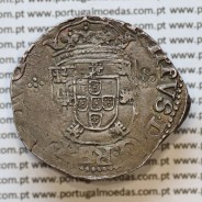Tostão Prata de D. Filipe I 1580-1598, 15º Grupo, no anverso Variante de Coroa e arco de circulo liso de guia da legenda.