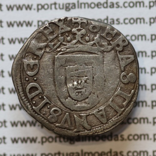 Moeda vintém prata, D. Sebastião I (1557 -1578) 2 ARCOS CIRCULO COMPASSO, LEGENDA : +PORTVGALIAEºETALGº / +SEBASTIANVS:I:D:G:REX