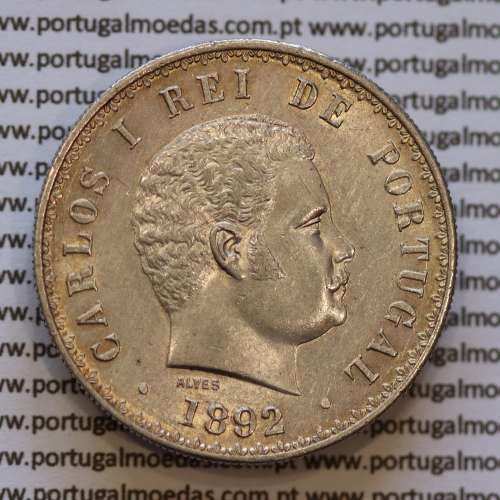 500 réis 1892 prata D. Carlos I, cinco tostões, variante data emendada 1892 sobre 1891 (BELA), World Coins Portugal KM 535
