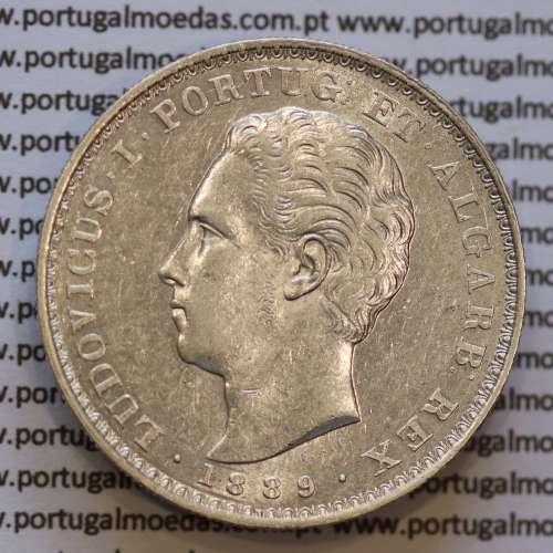 Moeda 500 réis 1889 prata D. Luis I, cinco tostões prata 1889, World Coins Portugal KM 509