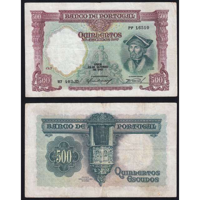 Nota de 500 Escudos 1942 Damião de Góis, 500$00 29/09/1942 Chapa: 7 - Banco de Portugal (Circulada)