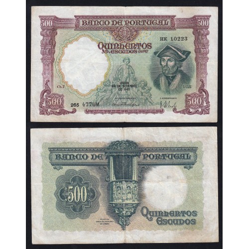 Nota de 500 Escudos 1942 Damião de Góis, 500$00 29/09/1942 Chapa: 7 - Banco de Portugal (Circulada)