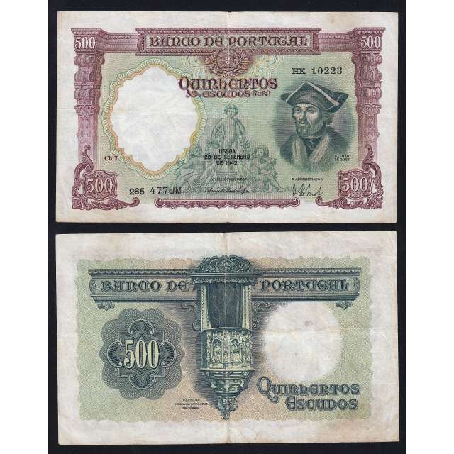 Nota de 500 Escudos 1942 Damião de Góis, 500$00 29/09/1942 Chapa: 7 - Banco de Portugal (Circulada)