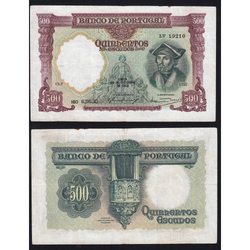 Nota de 500 Escudos 1942 Damião de Góis, 500$00 29/09/1942 Chapa: 7 - Banco de Portugal (Circulada)