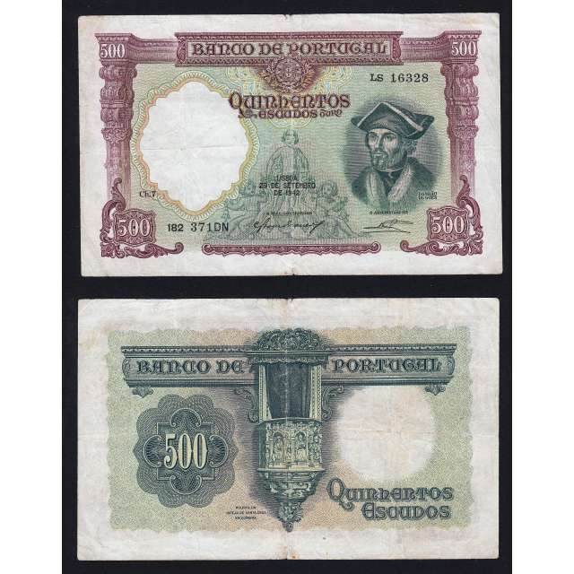 Nota de 500 Escudos 1942 Damião de Góis, 500$00 29/09/1942 Chapa: 7 - Banco de Portugal (Circulada)