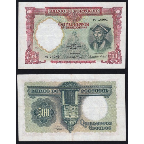 Escassa- Cor Mais Clara - Nota de 500 Escudos 1942 Damião de Góis, 500$00 29/09/1942 Chapa: 7 - Banco de Portugal (Circulada)