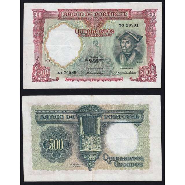 Escassa- Cor Mais Clara - Nota de 500 Escudos 1942 Damião de Góis, 500$00 29/09/1942 Chapa: 7 - Banco de Portugal (Circulada)