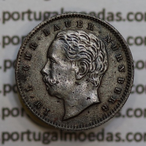 Miniatura moeda de 200 reis de D. Luis I "IM.L.CHR.LAUER NüRNBERG",  emissão  "Casa da Moeda L. Chr. Lauer" ano 1888