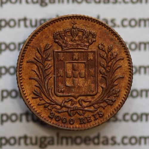 Miniatura moeda de 2000 reis de D. Luis I "IM.L.CHR.LAUER NüRNBERG",  emissão  "Casa da Moeda L. Chr. Lauer" ano 1888