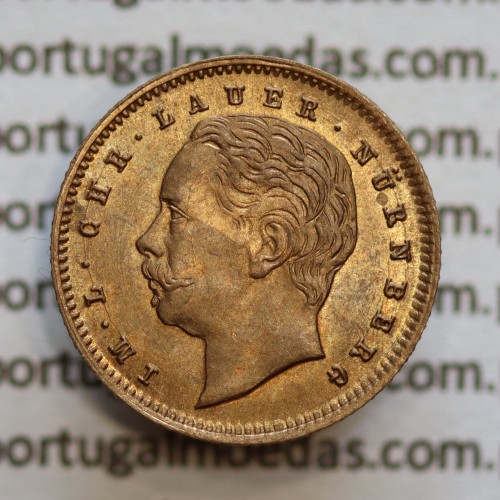 Miniatura moeda de 2000 reis de D. Luis I "IM.L.CHR.LAUER NüRNBERG",  emissão  "Casa da Moeda L. Chr. Lauer" ano 1888