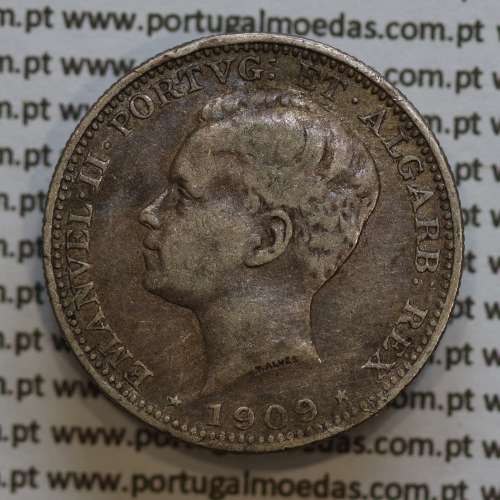 200 réis 1909 prata D. Manuel II, dois tostões prata 1909, World Coins Portugal KM549. (MBC)
