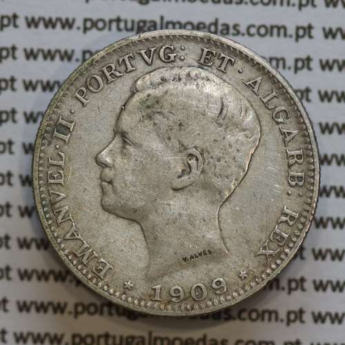 Moeda 200 réis 1909 prata D. Manuel II, dois tostões prata 1909, World Coins Portugal KM549. (MBC)
