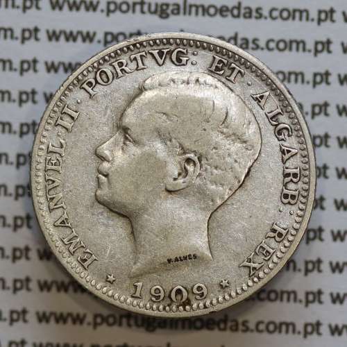 Moeda 200 réis 1909 prata D. Manuel II, dois tostões prata 1909, World Coins Portugal KM549. (MBC)