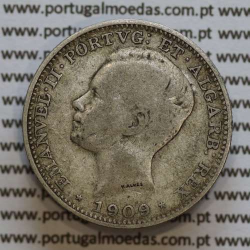 Moeda 200 réis 1909 prata D. Manuel II, dois tostões prata 1909, World Coins Portugal KM549. (BC)
