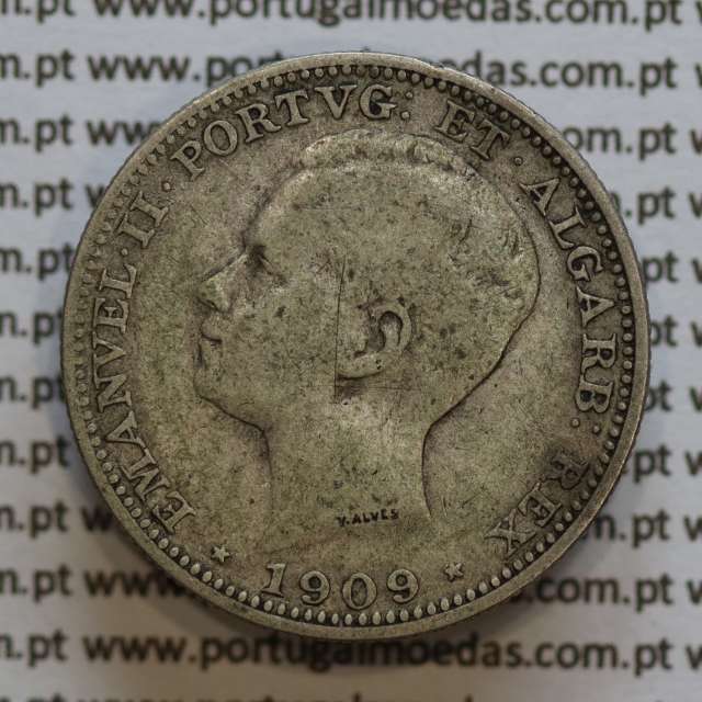 Moeda 200 réis 1909 prata D. Manuel II, dois tostões prata 1909, World Coins Portugal KM549. (BC)